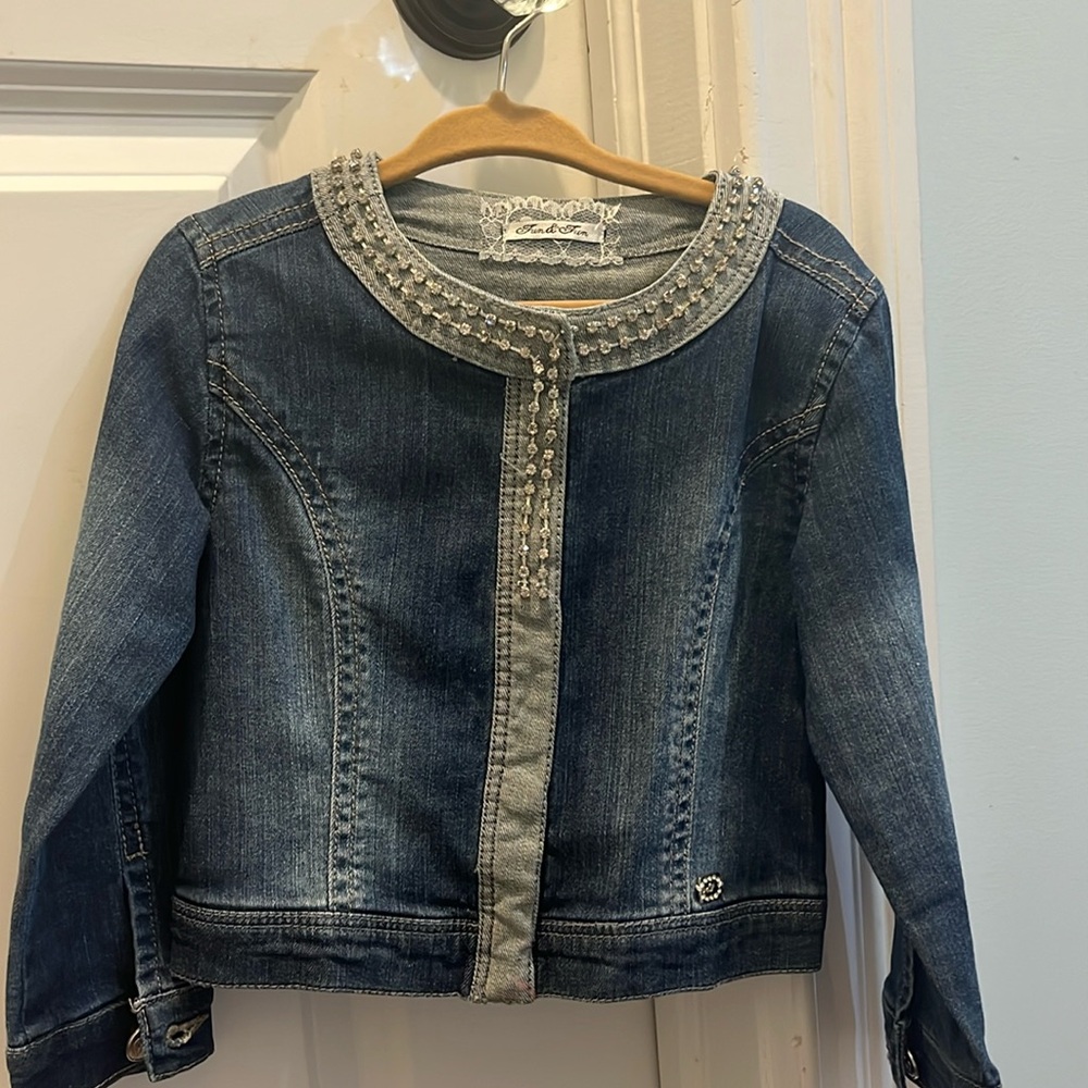 Fun & Fun Girls size 6 short denim jean jacket with silver sparkles